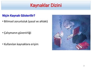 Kaynaklar Dizini
Niçin Kaynak Gösterilir?
• Bilimsel zorunluluk (yasal ve ahlaki)
• Çalışmanın güvenirliği
• Kullanılan kaynaklara erişim
20
 