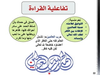 ‫القساءة‬ ‫تفاعمًة‬
‫اطذق‬ْ‫ثؤ‬ ‫دّذن‬ ٟ‫ف‬
‫عبئش‬ ٍٝ‫ػ‬ ‫اٌذّذ‬ ‫رغٍط‬
‫ظب٘ش٘ب‬ ،‫وٍٙب‬ ‫أدٛاٌه‬
‫رذت‬ ‫ِب‬ ٍٝ‫ػ‬ ‫ٚثبطٕٙب‬
ٖ‫رىش‬ ‫ِٚب‬ ‫ِٕٙب‬.
َُ‫ؼ‬ِٔ‫ِٕغ١خ‬:
•
•
•
•
«ٓ١ٌّ‫اٌؼب‬ ‫سة‬»:ًّ‫رش‬
ٞ‫اٌز‬ ‫اٌىبفش‬ ٝ‫دز‬ ٍٗ‫و‬ ٌُ‫اٌؼب‬
ٌٝ‫رؼب‬ ‫هلل‬ ‫خبضؼخ‬ ٖ‫أػضبإ‬
‫وبفش‬ ٗ‫لٍج‬ ٓ‫ٌى‬.
22
 