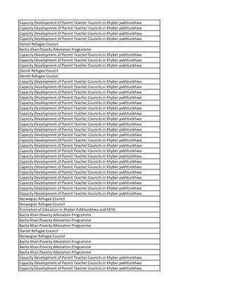 Capacity Development of Parent Teacher Councils in Khyber pakhtunkhwa
Capacity Development of Parent Teacher Councils in Khyber pakhtunkhwa
Capacity Development of Parent Teacher Councils in Khyber pakhtunkhwa
Capacity Development of Parent Teacher Councils in Khyber pakhtunkhwa
Danish Refugee Council
Bacha Khan Poverty Alleviation Programme
Capacity Development of Parent Teacher Councils in Khyber pakhtunkhwa
Capacity Development of Parent Teacher Councils in Khyber pakhtunkhwa
Capacity Development of Parent Teacher Councils in Khyber pakhtunkhwa
Danish Refugee Council
Danish Refugee Council
Capacity Development of Parent Teacher Councils in Khyber pakhtunkhwa
Capacity Development of Parent Teacher Councils in Khyber pakhtunkhwa
Capacity Development of Parent Teacher Councils in Khyber pakhtunkhwa
Capacity Development of Parent Teacher Councils in Khyber pakhtunkhwa
Capacity Development of Parent Teacher Councils in Khyber pakhtunkhwa
Capacity Development of Parent Teacher Councils in Khyber pakhtunkhwa
Capacity Development of Parent Teacher Councils in Khyber pakhtunkhwa
Capacity Development of Parent Teacher Councils in Khyber pakhtunkhwa
Capacity Development of Parent Teacher Councils in Khyber pakhtunkhwa
Capacity Development of Parent Teacher Councils in Khyber pakhtunkhwa
Capacity Development of Parent Teacher Councils in Khyber pakhtunkhwa
Capacity Development of Parent Teacher Councils in Khyber pakhtunkhwa
Capacity Development of Parent Teacher Councils in Khyber pakhtunkhwa
Capacity Development of Parent Teacher Councils in Khyber pakhtunkhwa
Capacity Development of Parent Teacher Councils in Khyber pakhtunkhwa
Capacity Development of Parent Teacher Councils in Khyber pakhtunkhwa
Capacity Development of Parent Teacher Councils in Khyber pakhtunkhwa
Capacity Development of Parent Teacher Councils in Khyber pakhtunkhwa
Capacity Development of Parent Teacher Councils in Khyber pakhtunkhwa
Capacity Development of Parent Teacher Councils in Khyber pakhtunkhwa
Capacity Development of Parent Teacher Councils in Khyber pakhtunkhwa
Capacity Development of Parent Teacher Councils in Khyber pakhtunkhwa
Norwegian Refugee Council
Norwegian Refugee Council
Promotion of Education in Khyber Pakhtunkhwa and FATA
Bacha Khan Poverty Alleviation Programme
Bacha Khan Poverty Alleviation Programme
Bacha Khan Poverty Alleviation Programme
Danish Refugee Council
Norwegian Refugee Council
Bacha Khan Poverty Alleviation Programme
Bacha Khan Poverty Alleviation Programme
Bacha Khan Poverty Alleviation Programme
Capacity Development of Parent Teacher Councils in Khyber pakhtunkhwa
Capacity Development of Parent Teacher Councils in Khyber pakhtunkhwa
Capacity Development of Parent Teacher Councils in Khyber pakhtunkhwa
 