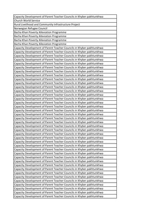 Capacity Development of Parent Teacher Councils in Khyber pakhtunkhwa
Church World Service
Rural Livelihood and Community Infrastructure Project
Norwegian Refugee Council
Bacha Khan Poverty Alleviation Programme
Bacha Khan Poverty Alleviation Programme
Bacha Khan Poverty Alleviation Programme
Bacha Khan Poverty Alleviation Programme
Capacity Development of Parent Teacher Councils in Khyber pakhtunkhwa
Capacity Development of Parent Teacher Councils in Khyber pakhtunkhwa
Capacity Development of Parent Teacher Councils in Khyber pakhtunkhwa
Capacity Development of Parent Teacher Councils in Khyber pakhtunkhwa
Capacity Development of Parent Teacher Councils in Khyber pakhtunkhwa
Capacity Development of Parent Teacher Councils in Khyber pakhtunkhwa
Capacity Development of Parent Teacher Councils in Khyber pakhtunkhwa
Capacity Development of Parent Teacher Councils in Khyber pakhtunkhwa
Capacity Development of Parent Teacher Councils in Khyber pakhtunkhwa
Capacity Development of Parent Teacher Councils in Khyber pakhtunkhwa
Capacity Development of Parent Teacher Councils in Khyber pakhtunkhwa
Capacity Development of Parent Teacher Councils in Khyber pakhtunkhwa
Capacity Development of Parent Teacher Councils in Khyber pakhtunkhwa
Capacity Development of Parent Teacher Councils in Khyber pakhtunkhwa
Capacity Development of Parent Teacher Councils in Khyber pakhtunkhwa
Capacity Development of Parent Teacher Councils in Khyber pakhtunkhwa
Capacity Development of Parent Teacher Councils in Khyber pakhtunkhwa
Capacity Development of Parent Teacher Councils in Khyber pakhtunkhwa
Capacity Development of Parent Teacher Councils in Khyber pakhtunkhwa
Capacity Development of Parent Teacher Councils in Khyber pakhtunkhwa
Capacity Development of Parent Teacher Councils in Khyber pakhtunkhwa
Capacity Development of Parent Teacher Councils in Khyber pakhtunkhwa
Capacity Development of Parent Teacher Councils in Khyber pakhtunkhwa
Capacity Development of Parent Teacher Councils in Khyber pakhtunkhwa
Capacity Development of Parent Teacher Councils in Khyber pakhtunkhwa
Capacity Development of Parent Teacher Councils in Khyber pakhtunkhwa
Capacity Development of Parent Teacher Councils in Khyber pakhtunkhwa
Capacity Development of Parent Teacher Councils in Khyber pakhtunkhwa
Capacity Development of Parent Teacher Councils in Khyber pakhtunkhwa
Capacity Development of Parent Teacher Councils in Khyber pakhtunkhwa
Capacity Development of Parent Teacher Councils in Khyber pakhtunkhwa
Capacity Development of Parent Teacher Councils in Khyber pakhtunkhwa
Capacity Development of Parent Teacher Councils in Khyber pakhtunkhwa
Capacity Development of Parent Teacher Councils in Khyber pakhtunkhwa
Capacity Development of Parent Teacher Councils in Khyber pakhtunkhwa
Capacity Development of Parent Teacher Councils in Khyber pakhtunkhwa
Capacity Development of Parent Teacher Councils in Khyber pakhtunkhwa
Capacity Development of Parent Teacher Councils in Khyber pakhtunkhwa
Capacity Development of Parent Teacher Councils in Khyber pakhtunkhwa
 