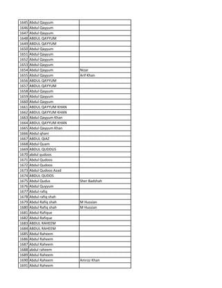 1645 Abdul Qayyum
1646 Abdul Qayyum
1647 Abdul Qayyum
1648 ABDUL QAYYUM
1649 ABDUL QAYYUM
1650 Abdul Qayyum
1651 Abdul Qayyum
1652 Abdul Qayyum
1653 Abdul Qayyum
1654 Abdul Qayyum Nizar
1655 Abdul Qayyum Arif Khan
1656 ABDUL QAYYUM
1657 ABDUL QAYYUM
1658 Abdul Qayyum
1659 Abdul Qayyum
1660 Abdul Qayyum
1661 ABDUL QAYYUM KHAN
1662 ABDUL QAYYUM KHAN
1663 Abdul Qayyum Khan
1664 ABDUL QAYYUM KHAN
1665 Abdul Qayyum Khan
1666 Abdul qhani
1667 ABDUL QIAZ
1668 Abdul Quam
1669 ABDUL QUDDUS
1670 abdul qudoos
1671 Abdul Qudoos
1672 Abdul Qudoos
1673 Abdul Qudoos Azad
1674 ABDUL QUDOS
1675 Abdul Qudus Sher Badshah
1676 Abdul Quyyum
1677 Abdul rafiq
1678 Abdul rafiq shah
1679 Abdul Rafiq shah M Hussian
1680 Abdul Rafiq shah M Hussian
1681 Abdul Rafique
1682 Abdul Rafique
1683 ABDUL RAHEEM
1684 ABDUL RAHEEM
1685 Abdul Raheem
1686 Abdul Raheem
1687 Abdul Raheem
1688 abdul raheem
1689 Abdul Raheem
1690 Abdul Raheem Amroz Khan
1691 Abdul Raheem
 