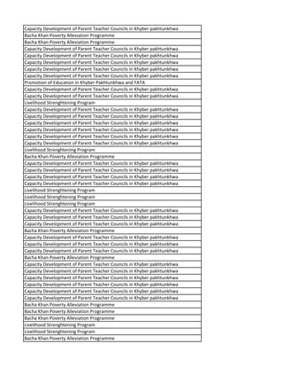 Capacity Development of Parent Teacher Councils in Khyber pakhtunkhwa
Bacha Khan Poverty Alleviation Programme
Bacha Khan Poverty Alleviation Programme
Capacity Development of Parent Teacher Councils in Khyber pakhtunkhwa
Capacity Development of Parent Teacher Councils in Khyber pakhtunkhwa
Capacity Development of Parent Teacher Councils in Khyber pakhtunkhwa
Capacity Development of Parent Teacher Councils in Khyber pakhtunkhwa
Capacity Development of Parent Teacher Councils in Khyber pakhtunkhwa
Promotion of Education in Khyber Pakhtunkhwa and FATA
Capacity Development of Parent Teacher Councils in Khyber pakhtunkhwa
Capacity Development of Parent Teacher Councils in Khyber pakhtunkhwa
Livelihood Strenghtening Program
Capacity Development of Parent Teacher Councils in Khyber pakhtunkhwa
Capacity Development of Parent Teacher Councils in Khyber pakhtunkhwa
Capacity Development of Parent Teacher Councils in Khyber pakhtunkhwa
Capacity Development of Parent Teacher Councils in Khyber pakhtunkhwa
Capacity Development of Parent Teacher Councils in Khyber pakhtunkhwa
Capacity Development of Parent Teacher Councils in Khyber pakhtunkhwa
Livelihood Strenghtening Program
Bacha Khan Poverty Alleviation Programme
Capacity Development of Parent Teacher Councils in Khyber pakhtunkhwa
Capacity Development of Parent Teacher Councils in Khyber pakhtunkhwa
Capacity Development of Parent Teacher Councils in Khyber pakhtunkhwa
Capacity Development of Parent Teacher Councils in Khyber pakhtunkhwa
Livelihood Strenghtening Program
Livelihood Strenghtening Program
Livelihood Strenghtening Program
Capacity Development of Parent Teacher Councils in Khyber pakhtunkhwa
Capacity Development of Parent Teacher Councils in Khyber pakhtunkhwa
Capacity Development of Parent Teacher Councils in Khyber pakhtunkhwa
Bacha Khan Poverty Alleviation Programme
Capacity Development of Parent Teacher Councils in Khyber pakhtunkhwa
Capacity Development of Parent Teacher Councils in Khyber pakhtunkhwa
Capacity Development of Parent Teacher Councils in Khyber pakhtunkhwa
Bacha Khan Poverty Alleviation Programme
Capacity Development of Parent Teacher Councils in Khyber pakhtunkhwa
Capacity Development of Parent Teacher Councils in Khyber pakhtunkhwa
Capacity Development of Parent Teacher Councils in Khyber pakhtunkhwa
Capacity Development of Parent Teacher Councils in Khyber pakhtunkhwa
Capacity Development of Parent Teacher Councils in Khyber pakhtunkhwa
Capacity Development of Parent Teacher Councils in Khyber pakhtunkhwa
Bacha Khan Poverty Alleviation Programme
Bacha Khan Poverty Alleviation Programme
Bacha Khan Poverty Alleviation Programme
Livelihood Strenghtening Program
Livelihood Strenghtening Program
Bacha Khan Poverty Alleviation Programme
 