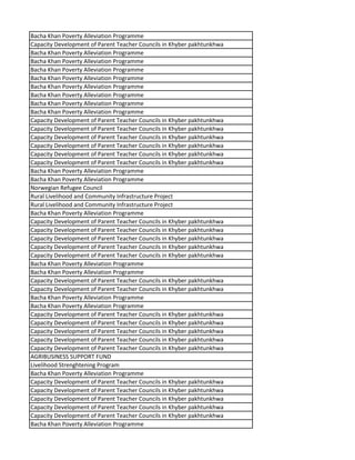 Bacha Khan Poverty Alleviation Programme
Capacity Development of Parent Teacher Councils in Khyber pakhtunkhwa
Bacha Khan Poverty Alleviation Programme
Bacha Khan Poverty Alleviation Programme
Bacha Khan Poverty Alleviation Programme
Bacha Khan Poverty Alleviation Programme
Bacha Khan Poverty Alleviation Programme
Bacha Khan Poverty Alleviation Programme
Bacha Khan Poverty Alleviation Programme
Bacha Khan Poverty Alleviation Programme
Capacity Development of Parent Teacher Councils in Khyber pakhtunkhwa
Capacity Development of Parent Teacher Councils in Khyber pakhtunkhwa
Capacity Development of Parent Teacher Councils in Khyber pakhtunkhwa
Capacity Development of Parent Teacher Councils in Khyber pakhtunkhwa
Capacity Development of Parent Teacher Councils in Khyber pakhtunkhwa
Capacity Development of Parent Teacher Councils in Khyber pakhtunkhwa
Bacha Khan Poverty Alleviation Programme
Bacha Khan Poverty Alleviation Programme
Norwegian Refugee Council
Rural Livelihood and Community Infrastructure Project
Rural Livelihood and Community Infrastructure Project
Bacha Khan Poverty Alleviation Programme
Capacity Development of Parent Teacher Councils in Khyber pakhtunkhwa
Capacity Development of Parent Teacher Councils in Khyber pakhtunkhwa
Capacity Development of Parent Teacher Councils in Khyber pakhtunkhwa
Capacity Development of Parent Teacher Councils in Khyber pakhtunkhwa
Capacity Development of Parent Teacher Councils in Khyber pakhtunkhwa
Bacha Khan Poverty Alleviation Programme
Bacha Khan Poverty Alleviation Programme
Capacity Development of Parent Teacher Councils in Khyber pakhtunkhwa
Capacity Development of Parent Teacher Councils in Khyber pakhtunkhwa
Bacha Khan Poverty Alleviation Programme
Bacha Khan Poverty Alleviation Programme
Capacity Development of Parent Teacher Councils in Khyber pakhtunkhwa
Capacity Development of Parent Teacher Councils in Khyber pakhtunkhwa
Capacity Development of Parent Teacher Councils in Khyber pakhtunkhwa
Capacity Development of Parent Teacher Councils in Khyber pakhtunkhwa
Capacity Development of Parent Teacher Councils in Khyber pakhtunkhwa
AGRIBUSINESS SUPPORT FUND
Livelihood Strenghtening Program
Bacha Khan Poverty Alleviation Programme
Capacity Development of Parent Teacher Councils in Khyber pakhtunkhwa
Capacity Development of Parent Teacher Councils in Khyber pakhtunkhwa
Capacity Development of Parent Teacher Councils in Khyber pakhtunkhwa
Capacity Development of Parent Teacher Councils in Khyber pakhtunkhwa
Capacity Development of Parent Teacher Councils in Khyber pakhtunkhwa
Bacha Khan Poverty Alleviation Programme
 