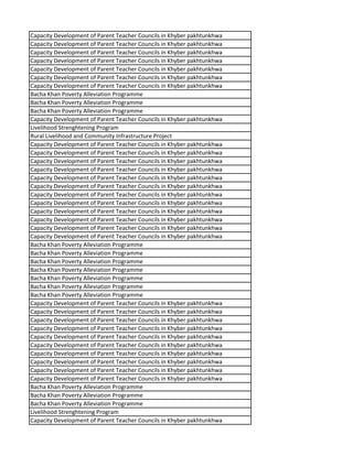 Capacity Development of Parent Teacher Councils in Khyber pakhtunkhwa
Capacity Development of Parent Teacher Councils in Khyber pakhtunkhwa
Capacity Development of Parent Teacher Councils in Khyber pakhtunkhwa
Capacity Development of Parent Teacher Councils in Khyber pakhtunkhwa
Capacity Development of Parent Teacher Councils in Khyber pakhtunkhwa
Capacity Development of Parent Teacher Councils in Khyber pakhtunkhwa
Capacity Development of Parent Teacher Councils in Khyber pakhtunkhwa
Bacha Khan Poverty Alleviation Programme
Bacha Khan Poverty Alleviation Programme
Bacha Khan Poverty Alleviation Programme
Capacity Development of Parent Teacher Councils in Khyber pakhtunkhwa
Livelihood Strenghtening Program
Rural Livelihood and Community Infrastructure Project
Capacity Development of Parent Teacher Councils in Khyber pakhtunkhwa
Capacity Development of Parent Teacher Councils in Khyber pakhtunkhwa
Capacity Development of Parent Teacher Councils in Khyber pakhtunkhwa
Capacity Development of Parent Teacher Councils in Khyber pakhtunkhwa
Capacity Development of Parent Teacher Councils in Khyber pakhtunkhwa
Capacity Development of Parent Teacher Councils in Khyber pakhtunkhwa
Capacity Development of Parent Teacher Councils in Khyber pakhtunkhwa
Capacity Development of Parent Teacher Councils in Khyber pakhtunkhwa
Capacity Development of Parent Teacher Councils in Khyber pakhtunkhwa
Capacity Development of Parent Teacher Councils in Khyber pakhtunkhwa
Capacity Development of Parent Teacher Councils in Khyber pakhtunkhwa
Capacity Development of Parent Teacher Councils in Khyber pakhtunkhwa
Bacha Khan Poverty Alleviation Programme
Bacha Khan Poverty Alleviation Programme
Bacha Khan Poverty Alleviation Programme
Bacha Khan Poverty Alleviation Programme
Bacha Khan Poverty Alleviation Programme
Bacha Khan Poverty Alleviation Programme
Bacha Khan Poverty Alleviation Programme
Capacity Development of Parent Teacher Councils in Khyber pakhtunkhwa
Capacity Development of Parent Teacher Councils in Khyber pakhtunkhwa
Capacity Development of Parent Teacher Councils in Khyber pakhtunkhwa
Capacity Development of Parent Teacher Councils in Khyber pakhtunkhwa
Capacity Development of Parent Teacher Councils in Khyber pakhtunkhwa
Capacity Development of Parent Teacher Councils in Khyber pakhtunkhwa
Capacity Development of Parent Teacher Councils in Khyber pakhtunkhwa
Capacity Development of Parent Teacher Councils in Khyber pakhtunkhwa
Capacity Development of Parent Teacher Councils in Khyber pakhtunkhwa
Capacity Development of Parent Teacher Councils in Khyber pakhtunkhwa
Bacha Khan Poverty Alleviation Programme
Bacha Khan Poverty Alleviation Programme
Bacha Khan Poverty Alleviation Programme
Livelihood Strenghtening Program
Capacity Development of Parent Teacher Councils in Khyber pakhtunkhwa
 