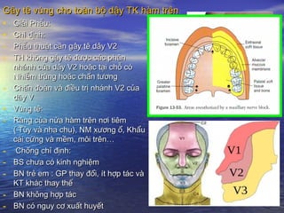 Gây tê vùng cho toàn bộ dậy TK hàm trênGây tê vùng cho toàn bộ dậy TK hàm trên
• Giải Phẫu:Giải Phẫu:
• Chỉ định:Chỉ định:
- Phẫu thuật cần gây tê dây V2Phẫu thuật cần gây tê dây V2
- TH không gây tê được các phânTH không gây tê được các phân
nhánh của dây V2 hoặc tại chỗ cónhánh của dây V2 hoặc tại chỗ có
Nhiễm trùng hoặc chấn tươngNhiễm trùng hoặc chấn tương
- Chẩn đoán và điều trị nhánh V2 củaChẩn đoán và điều trị nhánh V2 của
dây Vdây V
• Vùng tê:Vùng tê:
- Răng của nửa hàm trên nơi tiêmRăng của nửa hàm trên nơi tiêm
( Tủy và nha chu), NM xương ổ, Khẩu( Tủy và nha chu), NM xương ổ, Khẩu
cái cứng và mềm, môi trên…cái cứng và mềm, môi trên…
- Chống chỉ định:Chống chỉ định:
- BS chưa có kinh nghiệmBS chưa có kinh nghiệm
- BN trẻ em : GP thay đổi, ít hợp tác vàBN trẻ em : GP thay đổi, ít hợp tác và
KT khác thay thếKT khác thay thế
- BN không hợp tácBN không hợp tác
- BN có nguy cơ xuất huyếtBN có nguy cơ xuất huyết
 