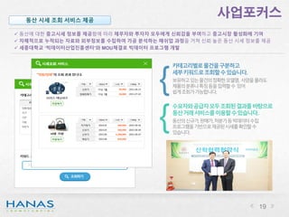 사업포커스
19
동산 시세 조회 서비스 제공
 동산에 대한 중고시세 정보를 제공함에 따라 채무자와 투자자 모두에게 신뢰감을 부여하고 중고시장 활성화에 기여
 자체적으로 누적되는 자료와 외부정보를 수집하여 가공 분석하는 매쉬업 과정을 거쳐 신뢰 높은 동산 시세 정보를 제공
 세종대학교 ‘빅데이터산업진흥센터’와 MOU체결로 빅데이터 프로그램 개발
카테고리별로물건을구분하고
세부키워드로조회할수있습니다.
보유하고있는물건의정확한모델명, 사양을몰라도
제품의분류나특징등을입력할수 있어
쉽게조회가가능합니다.
수요자와공급자모두조회된결과를바탕으로
동산거래서비스를이용할수있습니다.
동산의신규가,판매가,처분가등빅데이터수집
프로그램을기반으로제공된시세를확인할수
있습니다.
{
{
 