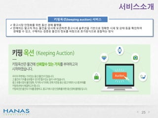  중고시장 안정화를 위한 동산 경매 플랫폼
 판매자는 팔고자 하는 물건을 당사에 보관하면 중고시세 솔루션을 기반으로 정확한 시세 및 상태 등을 확인하여
경매할 수 있고, 구매자는 검증된 물건의 정보를 바탕으로 호가방식으로 응찰하는 방식
키핑옥션(keeping auction) 서비스
서비스소개
25
 