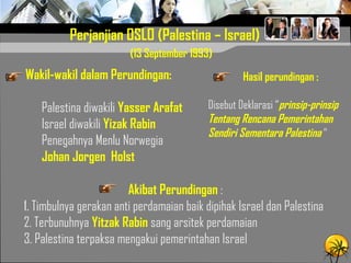 Perjanjian OSLO (Palestina – Israel)
Wakil-wakil dalam Perundingan:
Palestina diwakili Yasser Arafat
Israel diwakili Yizak Rabin
Penegahnya Menlu Norwegia
Johan Jorgen Holst
Hasil perundingan :
Disebut Deklarasi “prinsip-prinsip
Tentang Rencana Pemerintahan
Sendiri Sementara Palestina “
(13 September 1993)
Akibat Perundingan :
1. Timbulnya gerakan anti perdamaian baik dipihak Israel dan Palestina
2. Terbunuhnya Yitzak Rabin sang arsitek perdamaian
3. Palestina terpaksa mengakui pemerintahan Israel
 