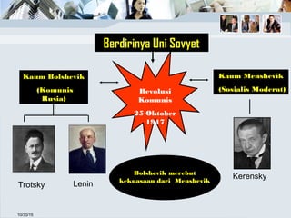 10/30/15
Berdirinya Uni Sovyet
Revolusi
Komunis
25 Oktober
1917
Kaum Bolshevik
(Komunis
Rusia)
LeninTrotsky
Kaum Menshevik
(Sosialis Moderat)
KerenskyBolshevik merebut
kekuasaan dari Menshevik
 