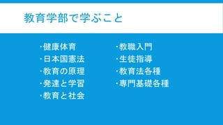 教育学部で学ぶこと
健康体育
日本国憲法
教育の原理
発達と学習
教育と社会
教職入門
生徒指導
教育法各種
専門基礎各種
 