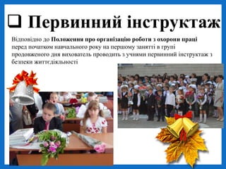  Первинний інструктаж
Відповідно до Положення про організацію роботи з охорони праці
перед початком навчального року на першому занятті в групі
продовженого дня вихователь проводить з учнями первинний інструктаж з
безпеки життєдіяльності
 
