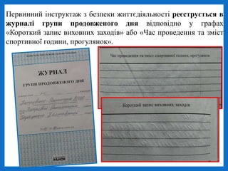 Первинний інструктаж з безпеки життєдіяльності реєструється в
журналі групи продовженого дня відповідно у графах
«Короткий запис виховних заходів» або «Час проведення та зміст
спортивної години, прогулянок».
 