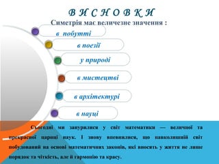 в науці
в архітектурі
у природі
в поезії
в побутті
в мистецтві
В И С Н О В К И
Симетрія має величезне значення :
Сьогодні ми занурилися у світ математики — величної та
прекрасної цариці наук. І знову впевнилися, що навколишній світ
побудований на основі математичних законів, які вносять у життя не лише
порядок та чіткість, але й гармонію та красу.
 