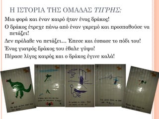 Η Ι΢ΣΟΡΙΑ ΣΗ΢ ΟΜΑΔΑ΢ ΣΙΓΡΗ΢:
Μια φορά και έναν καιρό ήταν ένας δράκος!
Ο δράκος έτρεχε πάνω από έναν γκρεμό και προσπαθούσε να
πετάξει!
Δεν πρόλαβε να πετάξει… Έπεσε και έσπασε το πόδι του!
Ένας γιατρός δράκος του έβαλε γύψο!
Πέρασε λίγος καιρός και ο δράκος έγινε καλά!
 