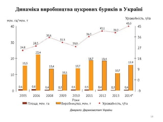 14
Динаміка виробництва цукрових буряків в Україні
Джерело: Держкомстат України
 