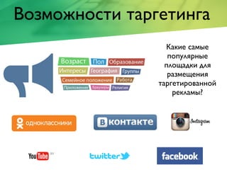 Возможности таргетинга
Какие самые
популярные
площадки для
размещения
таргетированной
рекламы?
 