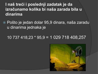 I naš treći i poslednji zadatak je da
izračunamo kolika bi naša zarada bila u
dinarima
 Pošto je jedan dolar 95,9 dinara, naša zaradu
u dinarima jednaka je
10 737 418,23 * 95,9 = 1 029 718 408,257
 