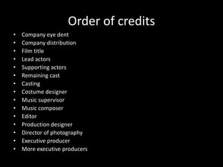 Order of credits
• Company eye dent
• Company distribution
• Film title
• Lead actors
• Supporting actors
• Remaining cast
• Casting
• Costume designer
• Music supervisor
• Music composer
• Editor
• Production designer
• Director of photography
• Executive producer
• More executive producers
 