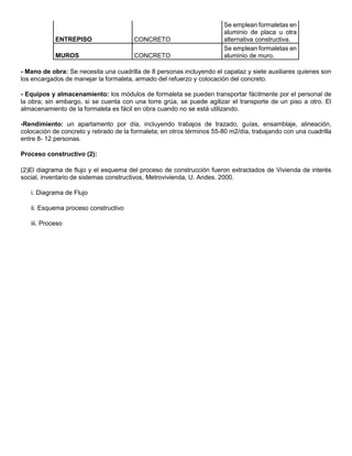 ENTREPISO CONCRETO
Se emplean formaletas en
aluminio de placa u otra
alternativa constructiva.
MUROS CONCRETO
Se emplean formaletas en
aluminio de muro.
- Mano de obra: Se necesita una cuadrilla de 8 personas incluyendo el capataz y siete auxiliares quienes son
los encargados de manejar la formaleta, armado del refuerzo y colocación del concreto.
- Equipos y almacenamiento: los módulos de formaleta se pueden transportar fácilmente por el personal de
la obra; sin embargo, si se cuenta con una torre grúa, se puede agilizar el transporte de un piso a otro. El
almacenamiento de la formaleta es fácil en obra cuando no se está utilizando.
-Rendimiento: un apartamento por día, incluyendo trabajos de trazado, guías, ensamblaje, alineación,
colocación de concreto y retirado de la formaleta; en otros términos 55-80 m2/día, trabajando con una cuadrilla
entre 8- 12 personas.
Proceso constructivo (2):
(2)El diagrama de flujo y el esquema del proceso de construcción fueron extractados de Vivienda de interés
social, inventario de sistemas constructivos, Metrovivienda, U. Andes. 2000.
i. Diagrama de Flujo
ii. Esquema proceso constructivo
iii. Proceso
 