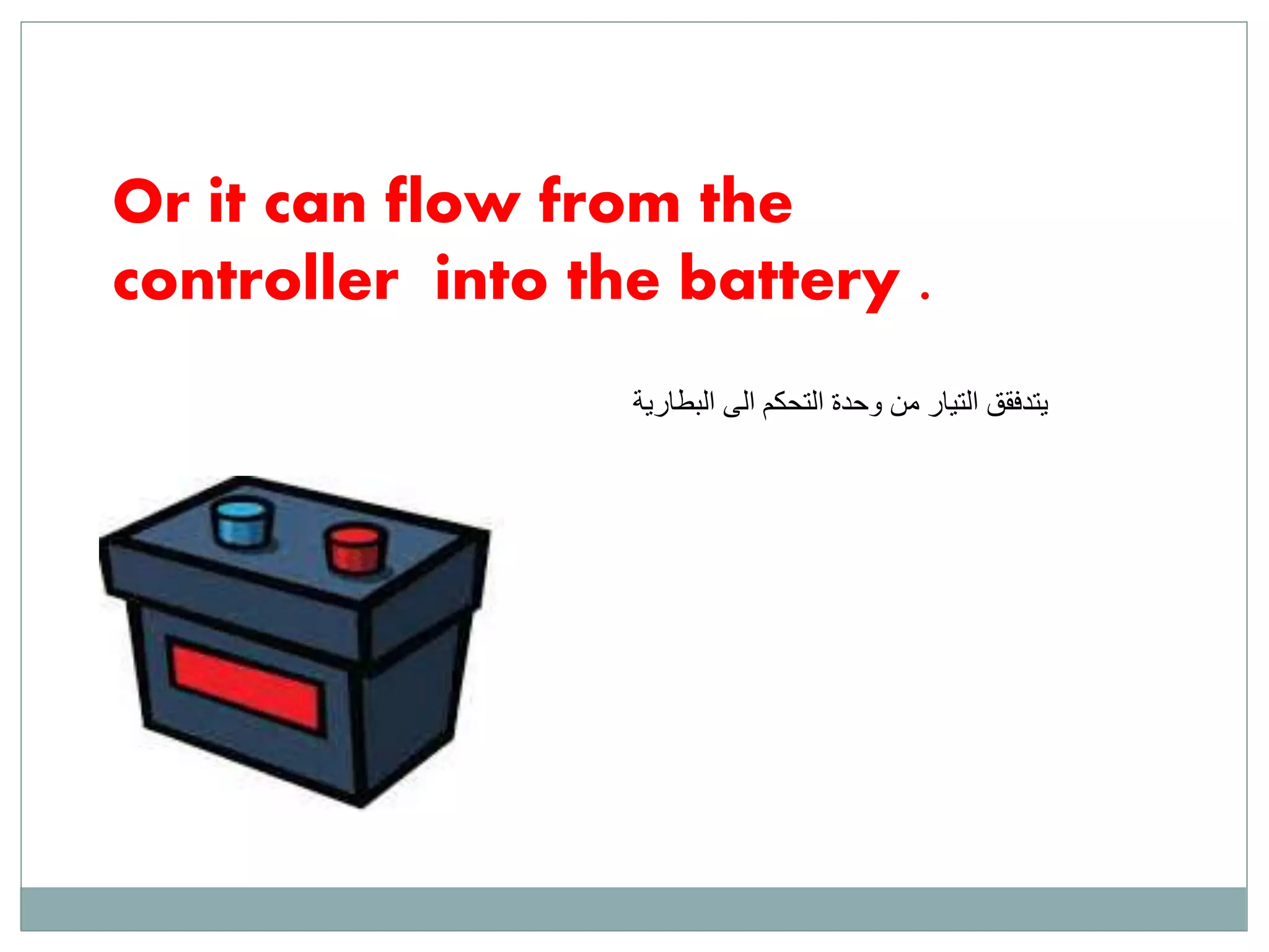 Or it can flow from the
controller into the battery .
يتدفققالتحكم وحدة من التيارالىالبطارية