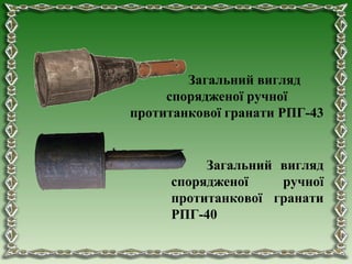 Загальний вигляд
спорядженої ручної
протитанкової гранати РПГ-43
Загальний вигляд
спорядженої ручної
протитанкової гранати
РПГ-40
 