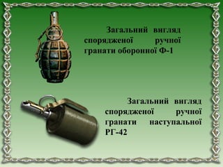 Загальний вигляд
спорядженої ручної
гранати оборонної Ф-1
Загальний вигляд
спорядженої ручної
гранати наступальної
РГ-42
 