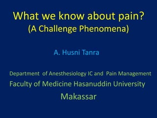 What we know about pain?
(A Challenge Phenomena)
A. Husni Tanra
Department of Anesthesiology IC and Pain Management
Faculty of Medicine Hasanuddin University
Makassar
 