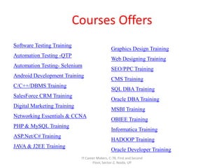 Courses Offers
Software Testing Training
Automation Testing -QTP
Automation Testing- Selenium
Android Development Training
C/C++/DBMS Training
SalesForce CRM Training
Digital Marketing Training
Networking Essentials & CCNA
PHP & MySQL Training
ASP.Net/C# Training
JAVA & J2EE Training
Graphics Design Training
Web Designing Training
SEO/PPC Training
CMS Training
SQL DBA Training
Oracle DBA Training
MSBI Training
OBIEE Training
Informatica Training
HADOOP Training
Oracle Developer Training
IT Career Makers, C-78, First and Second
Floor, Sector-2, Noida, UP
 