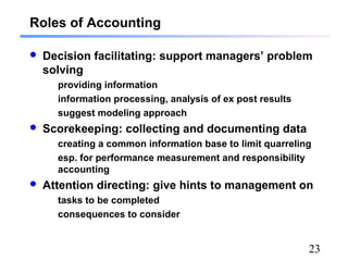 23
Roles of Accounting
 Decision facilitating: support managers’ problem
solving
providing information
information processing, analysis of ex post results
suggest modeling approach
 Scorekeeping: collecting and documenting data
creating a common information base to limit quarreling
esp. for performance measurement and responsibility
accounting
 Attention directing: give hints to management on
tasks to be completed
consequences to consider
 