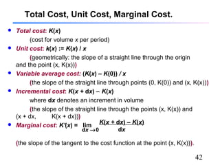 42
Total Cost, Unit Cost, Marginal Cost.
 Total cost: K(x)
(cost for volume x per period)
 Unit cost: k(x) := K(x) / x
(geometrically: the slope of a straight line through the origin
and the point (x, K(x)))
 Variable average cost: (K(x) – K(0)) / x
(the slope of the straight line through points (0, K(0)) and (x, K(x)))
 Incremental cost: K(x + dx) − K(x)
where dx denotes an increment in volume
(the slope of the straight line through the points (x, K(x)) and
(x + dx, K(x + dx)))
 Marginal cost: K'(x) = lim
(the slope of the tangent to the cost function at the point (x, K(x))).
K(x + dx) – K(x)
dxdx →0
 