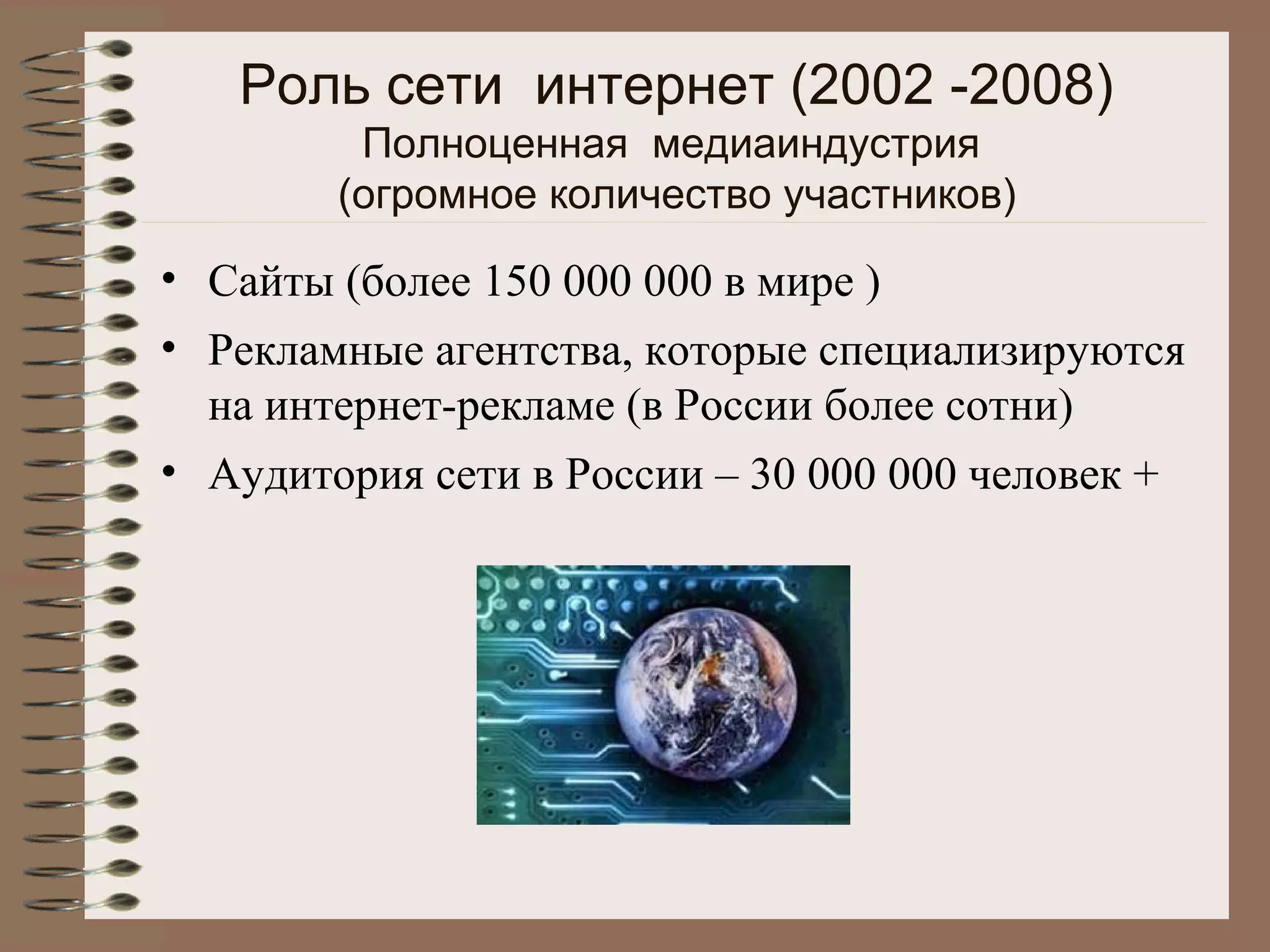 Роль сети интернет (2002 -2008)
Полноценная медиаиндустрия
(огромное количество участников)
• Сайты (более 150 000 000 в мире )
• Рекламные агентства, которые специализируются
на интернет-рекламе (в России более сотни)
• Аудитория сети в России – 30 000 000 человек +
 