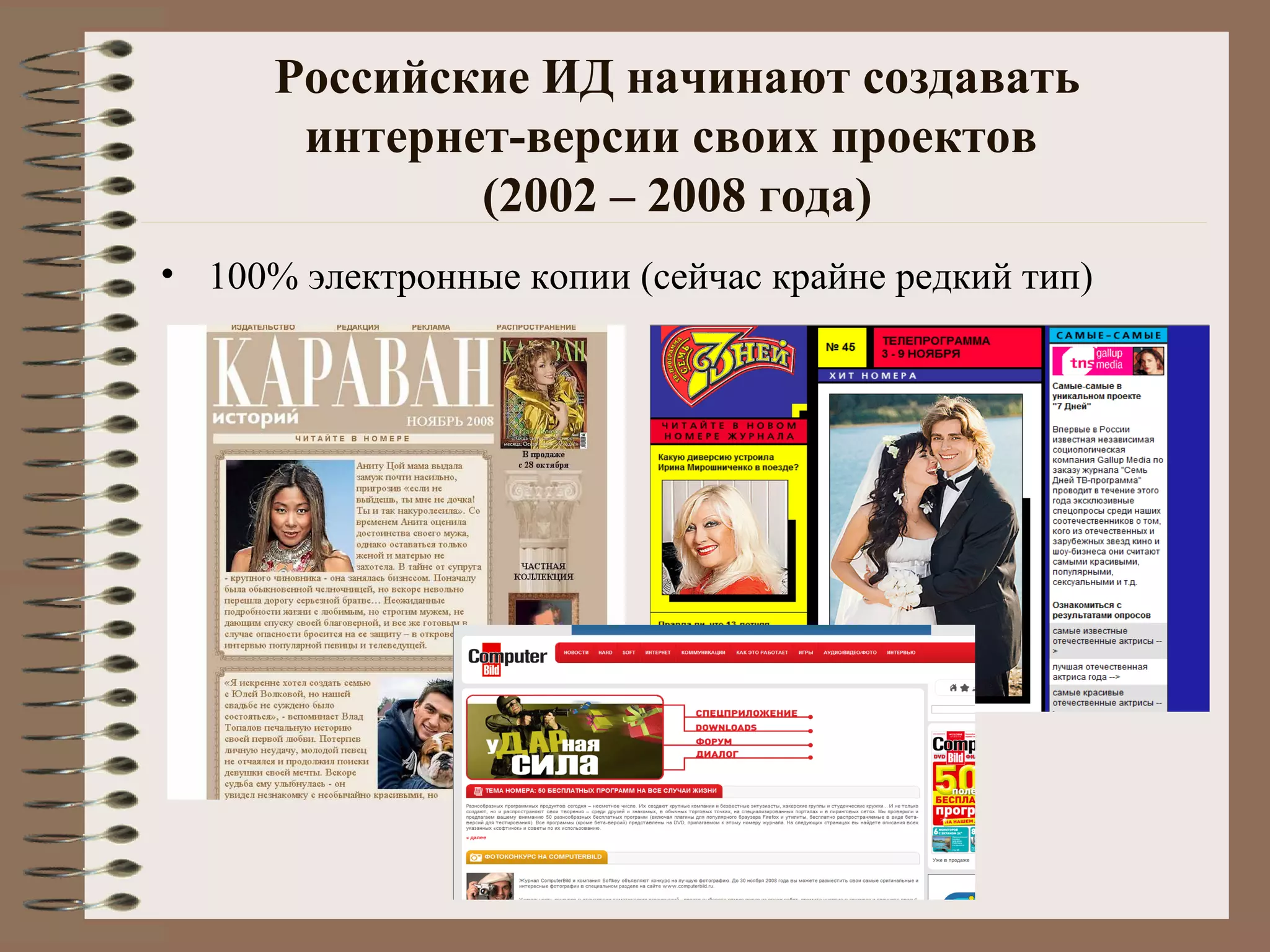 Российские ИД начинают создавать
интернет-версии своих проектов
(2002 – 2008 года)
• 100% электронные копии (сейчас крайне редкий тип)
 