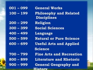 001 – 099 General Works
100 – 199 Philosophy and Related
Disciplines
200 – 299 Religion
300 – 399 Social Sciences
400 – 499 Language
500 – 599 Natural or Pure Science
600 – 699 Useful Arts and Applied
Science
700 – 799 Fine Arts and Recreation
800 – 899 Literature and Rhetoric
900 – 999 General Geography and
 