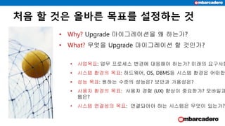 처음 할 것은 올바른 목표를 설정하는 것
• Why? Upgrade 마이그레이션을 왜 하는가?
• What? 무엇을 Upgrade 마이그레이션 할 것인가?
• 사업목표: 업무 프로세스 변경에 대응해야 하는가? 미래의 요구사항
• 시스템 환경의 목표: 하드웨어, OS, DBMS등 시스템 환경은 어떠한
• 성능 목표: 원하는 수준의 성능은? 보안과 가용성은?
• 사용자 환경의 목표: 사용자 경험 (UX) 향상이 중요한가? 모바일과
웹은?
• 시스템 연결성의 목표: 연결되어야 하는 시스템은 무엇이 있는가?
 