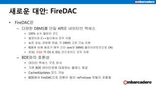 새로운 대안: FireDAC
• FireDAC은
– 다양한 DBMS를 단일 API로 네이티브 액세스
• 100% 순수 델파이 코드
• 델파이와 C++빌더에서 모두 사용
• 높은 성능, 양방향 연결, 각 DBMS 고유 기능 지원
• BDE에 비해 배포가 매우 간단 (exe와 DBMS 클라이언트만으로 OK)
• 윈32, 윈64, 맥 OS X, IOS, 안드로이드 모두 지원
– BDE와의 호환성
• 데이터 액세스 구조 유사
• 기존 BDE 데이터셋에 대응하는 클래스 제공
• CachedUpdates 모드 가능
• BDE에서 FireDAC으로 전환이 용이: reFind.exe 유틸이 포함됨
 