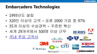 Embarcadero Technologies
• 1993년도 설립
• 320만 이상의 고객 – 포춘 2000 기업 중 97%
• 35개 이상의 수상경력 – 꾸준한 혁신
• 세계 29개국에서 500명 이상 근무
• 국내 주요 고객사
 
