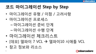 코드 마이그레이션 Step by Step
• 마이그레이션 유형 / 이점 / 고려사항
• 마이그레이션 프로세스
– 마이그레이션 준비 단계
– 마이그레이션 수행 단계
• 마이그레이션 체크리스트
• [데모] 델파이 7 VCL  델파이10 시애틀 VCL
• 참고 정보와 리소스
6
 