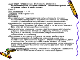 Тема: Отдел Голосеменные. Особенности строения и
жизнедеятельности, их происхождение. Лабораторная работа №6
«Строение побега и шишек сосны»
Класс: 7.
Дата проведения: 11.11.10.
Тип урока: комбинированный.
Цели урока:
а) познавательная: учащиеся должны знать особенности строения
жизнедеятельности растений отдела Голосеменных как наиболее
сложно организованных по сравнению с папоротниковидными;
б) развивающая: продолжить формирование умений узнавать виды
Голосеменных. Сравнивать их между собой . а так же делать выводы о
боле сложной организации Голосеменных;
в) воспитательная: в процессе усвоения нового материала воспитывать у
учащихся сознательное отношение к процессу обучения, к своему
здоровью, к школьному оборудованию, аккуратно оформлять
лабораторные исследования.
Оборудование и материалы: таблицы и рисунки с изображением
голосеменных растений, гербарные экземпляры сосны, ели,
лиственницы, можжевельника и других Голосеменных растений, ветки
и шишки сосны (молодые растения), шишки хвойных растений,
микроскопы, микропрепарат поперечного среза хвои сосны, компьютер
видео иллюстрации «Биология. Систематика растений. Часть 2 Отдел
Голосеменные»
Главная проблема урока: Почему Голосеменные могут расти в совершенно
сухих местах? Разве им не нужна вода для оплодотворения?
 