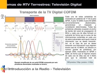 Introducción a la Radio - Televisión
Ejemplo simplificado de una señal OFDM compuesta por seis
portadoras elementales moduladas en binario.
Cada una de estas portadoras es
modulada por palabras de “n” bit (2 para
QPSK, 4 para 16 QAM, 6 para 64 QAM)
convenientemente aleatorizadas,
generándose un mapeado y
constelación determinadas. Todas las
portadoras utilizadas ocuparán el ancho
de banda del canal de propagación (8
MHz) y cada una de ellas formará un
subcanal de forma que la suma de las
informaciones contenidas en cada uno
de estos subcanales será igual a toda la
información que se desea transmitir.
Así, en el caso de que se desee
transmitir una información cuyo régimen
binario sea de 10 Mbit/s, se utilizará un
número grande de portadoras, por
ejemplo 2000, moduladas en QPSK o
QAM, de forma que el régimen binario
de cada una de ellas sea de 5 Kbit/s
para que la velocidad total de
transmisión sea de:
Sistemas de RTV Terrestres: Televisión Digital
 