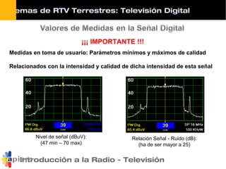 Introducción a la Radio - Televisión
Nivel de señal (dBuV):
(47 min – 70 max)
Relación Señal - Ruido (dB):
(ha de ser mayor a 25)
Medidas en toma de usuario: Parámetros mínimos y máximos de calidad
Relacionados con la intensidad y calidad de dicha intensidad de esta señal
¡¡¡ IMPORTANTE !!!
Sistemas de RTV Terrestres: Televisión Digital
 