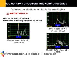 Introducción a la Radio - Televisión
Medidas en toma de usuario:
Parámetros mínimos y máximos de calidad
Nivel de señal (dBuV):
(57 min – 80 max)
Relación Video - Audio (dB):
(8 min – 20 max)
Relación Señal - Ruido (dB):
(≥43dB)
¡¡¡ IMPORTANTE !!!
stemas de RTV Terrestres: Televisión Analógica
 