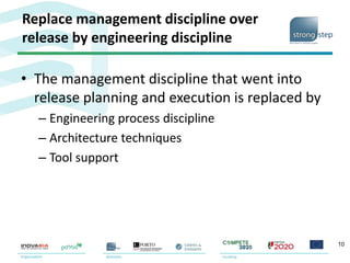 Replace management discipline over
release by engineering discipline
• The management discipline that went into
release planning and execution is replaced by
– Engineering process discipline
– Architecture techniques
– Tool support
10
 