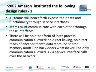 ~2002 Amazon instituted the following
design rules - 1
• All teams will henceforth expose their data and
functionality through service interfaces.
• Teams must communicate with each other through
these interfaces.
• There will be no other form of inter-process
communication allowed: no direct linking, no direct
reads of another team’s data store, no shared-
memory model, no back-doors whatsoever. The only
communication allowed is via service interface calls
over the network.
15
 