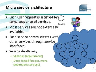 Micro service architecture
19
Service
• Each user request is satisfied by
some sequence of services.
• Most services are not externally
available.
• Each service communicates with
other services through service
interfaces.
• Service depth may
– Shallow (large fan out)
– Deep (small fan out, more
dependent services)
 