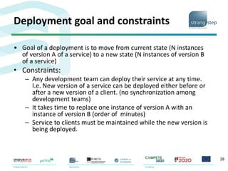 Deployment goal and constraints
• Goal of a deployment is to move from current state (N instances
of version A of a service) to a new state (N instances of version B
of a service)
• Constraints:
– Any development team can deploy their service at any time.
I.e. New version of a service can be deployed either before or
after a new version of a client. (no synchronization among
development teams)
– It takes time to replace one instance of version A with an
instance of version B (order of minutes)
– Service to clients must be maintained while the new version is
being deployed.
28
 