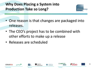 Why Does Placing a System into
Production Take so Long?
• One reason is that changes are packaged into
releases.
• The CEO’s project has to be combined with
other efforts to make up a release
• Releases are scheduled
6
 