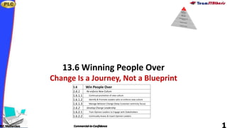 PLC Masterclass Commercial-in-Confidence
13.6 Winning People Over
Change Is a Journey, Not a Blueprint
1.6 Win People Over
1.6.1 Re-enforce New Culture
1.6.1.1 Continual promotion of new culture
1.6.1.2 Identify & Promote Leaders who re-enforce new culture
1.6.1.3 Manage Behavior Change (Keep Customer-centricity focus)
1.6.2 Develop Change Leadership
1.6.2.1 Train Opinion Leaders to Engage with Stakeholders
1.6.2.2 Continually Assess & Coach Opinion Leaders
 