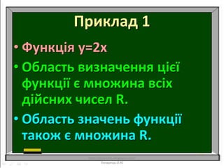 Приклад 1
• Функція у=2х
• Область визначення цієї
функції є множина всіх
дійсних чисел R.
• Область значень функції
також є множина R.
http://lazareths.blogspot.com/
Лазарець.О.Ю
 