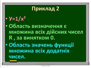 Приклад 2
• У=1/х²
• Область визначення є
множина всіх дійсних чисел
R , за винятком 0.
• Область значень функції
множина всіх додатніх
чисел.
http://lazareths.blogspot.com/
Лазарець.О.Ю
 