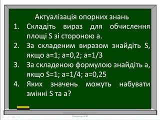 Актуалізація опорних знань
1. Складіть вираз для обчислення
площі S зі стороною a.
2. За складеним виразом знайдіть S,
якщо a=1; a=0,2; a=1/3
3. За складеною формулою знайдіть a,
якщо S=1; a=1/4; a=0,25
4. Яких значень можуть набувати
змінні S та a?
http://lazareths.blogspot.com/
Лазарець.О.Ю
 
